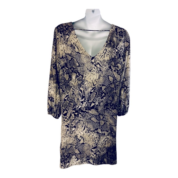⭐️DEX Shift Satin Matte Office Casual Dinner Party Snake Print Tan Beige Dress - Picture 9 of 14